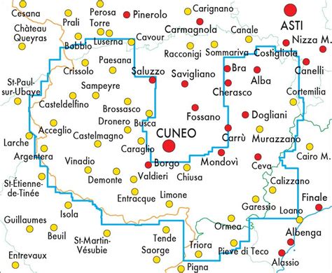 Mappa della provincia di Cuneo con evidenziate le principali aree per ciaspolate