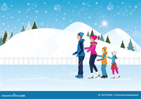 Famiglia che pattina su una pista di ghiaccio all'aperto con montagne innevate sullo sfondo