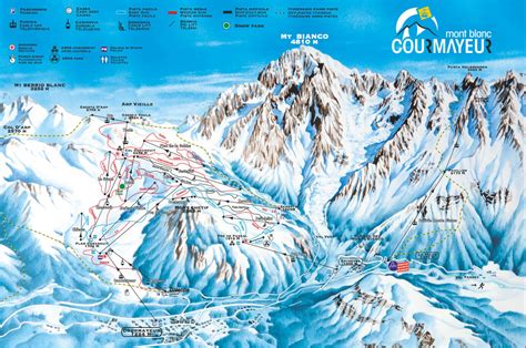 Vista panoramica delle piste da sci di Courmayeur con le vette del Monte Bianco sullo sfondo