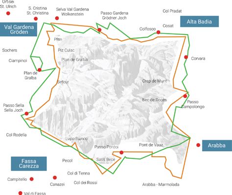 Segnaletica arancione e verde che indica le direzioni del Sellaronda