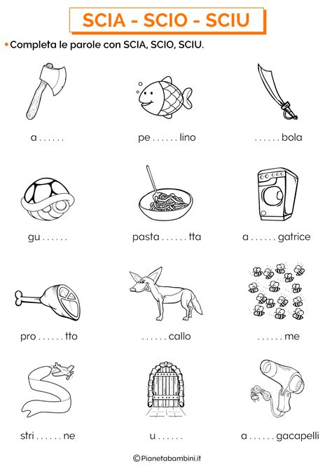 Illustrazione didattica con parole contenenti i suoni SCIA, SCIO, SCIU, come sciarpa, sciroppo, sciare, con immagini colorate adatte ai bambini.