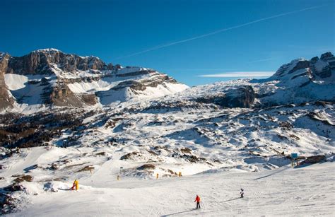 Immagine panoramica di una località sciistica italiana innevata con sciatori e snowboarder