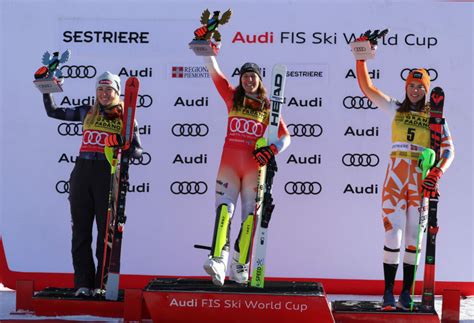 Podio dello slalom gigante femminile di Sestriere con Shiffrin, Ljutic e Moltzan
