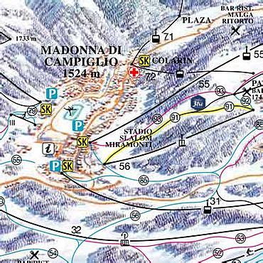 Mappa generale del comprensorio sciistico Madonna di Campiglio/Pinzolo/Folgàrida/Marilleva con indicazione delle località e degli impianti di risalita
