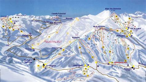 Mappa del comprensorio sciistico Abetone con indicazione delle piste, degli impianti e delle località.