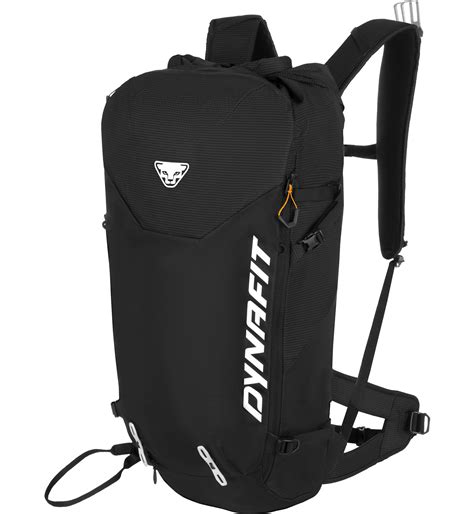 Vista laterale dello zaino Dynafit Ski Raptor 30 che mostra il sistema di aggancio sci regolabile e il vano per pala e sonda.