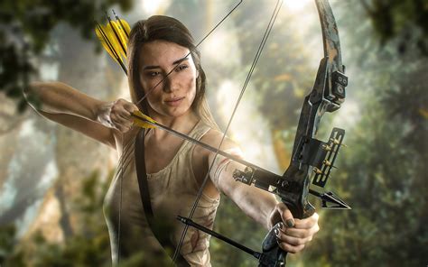 Lara Croft in azione con arco e frecce