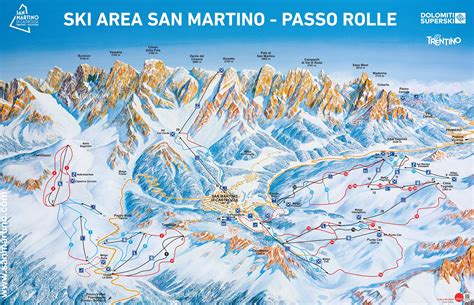Mappa generale delle piste di San Martino di Castrozza e Passo Rolle con indicazione delle aree principali (Passo Rolle in alto, Ces e Tognola a destra)