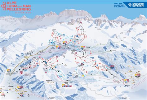 Mappa delle aree sciistiche di Alpe di Lusia e Passo San Pellegrino con indicate le sedi dei campi scuola