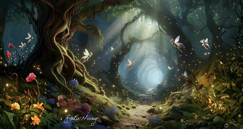 Illustrazione di un bosco incantato con lettere che formano parole, alcune delle quali evidenziate come verbi.