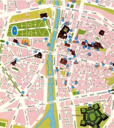 mappa della città di Parma con evidenziate le principali attrazioni turistiche e l'inizio della ciclabile