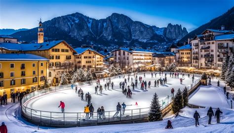 Pista di pattinaggio all'aperto in una cornice montana, con persone che pattinano.