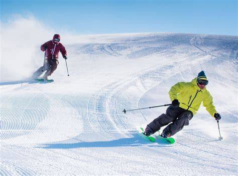 Schema che illustra la differenza tra sci alpinismo e sci alpino, evidenziando la risalita con le pelli di foca e la discesa su neve fresca nello sci alpinismo, e l'uso di piste battute e impianti di risalita nello sci alpino.