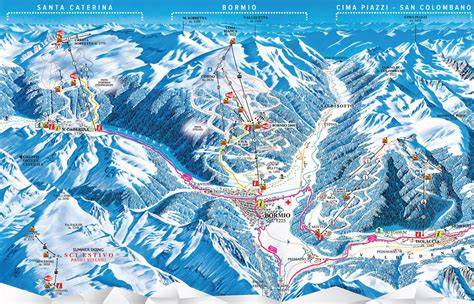 Mappa delle tre ski aree (Bormio, Santa Caterina, Cima Piazzi-San Colombano) con indicazione dei km di piste e degli impianti