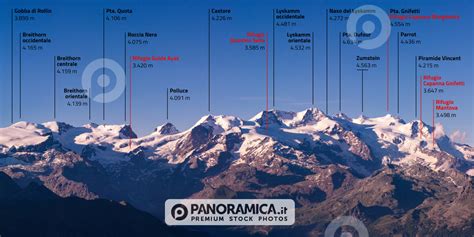 Vista panoramica delle cime del Monte Rosa dalla vetta del Castore, con il ghiacciaio sottostante.