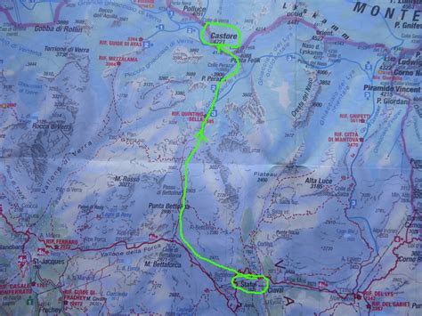 Mappa schematica degli itinerari principali per la salita al Castore da Gressoney, Val d'Ayas e Valtournenche.