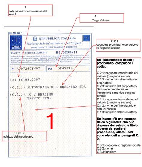 Schema della facciata anteriore della Carta di Circolazione con indicazione dei quadranti e dei codici principali.