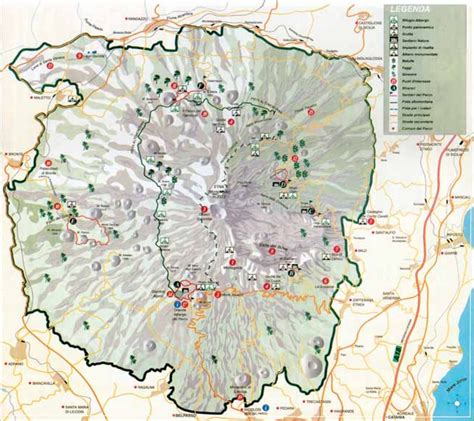 Mappa del Parco dell'Etna con indicazione dei comprensori sciistici Etna Sud e Piano Provenzana