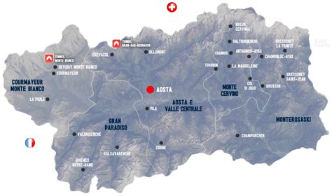 Mappa dei comprensori sciistici della Valle d'Aosta con indicazione delle località sciistiche.