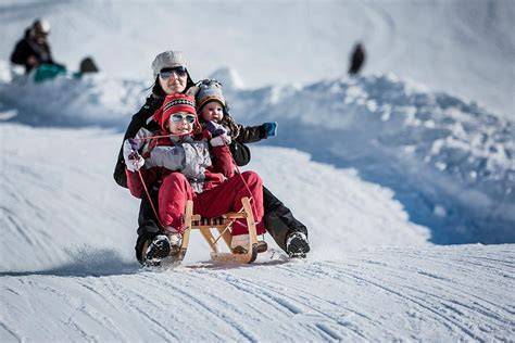 Famiglia che si diverte a scendere una pista da slittino innevata
