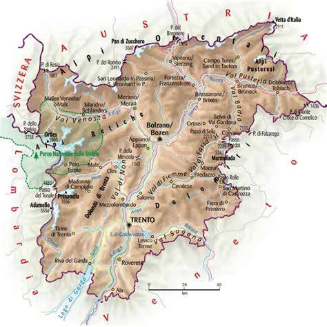 Mappa generale dei comprensori sciistici del Trentino-Alto Adige con evidenziate le principali catene montuose e le aree sciistiche