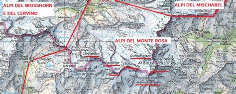 Mappa topografica del massiccio del Monte Rosa con evidenziati i principali 4000 e 3000