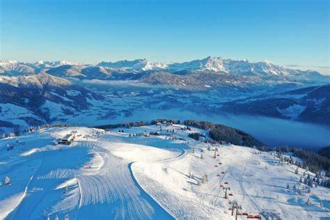 Panorama invernale di Flachau, Wagrain e St. Johann-Alpendorf con piste innevate e montagne alpine sullo sfondo