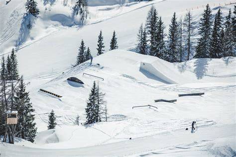 Vista aerea dell'Absolut Park a Flachauwinkl con diversi elementi per il freestyle come kicker e rail