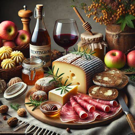 Composizione di prodotti tipici trentini: noci, patate, formaggio locale
