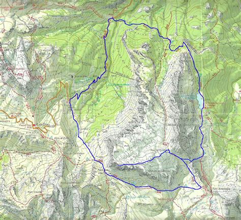Mappa topografica dell'area della Forcella Formin con evidenziato l'itinerario di sci alpinismo.