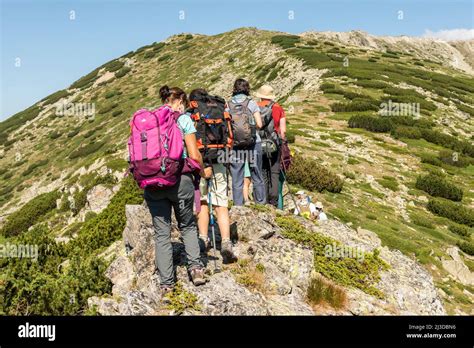 escursionisti che camminano su un sentiero montano in estate