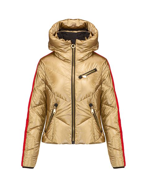 Dettaglio della giacca da sci Goldbergh marrone con zip dorata e tasche