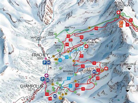 Mappa di Champoluc con evidenziata la posizione del negozio Rentaplay Champoluc vicino alla seggiovia Monterosa Ski