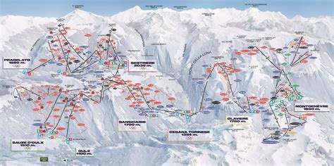 mappa del comprensorio sciistico Vialattea con indicazione delle diverse località e piste