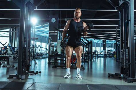 Atleta che si allena in palestra con pesi e attrezzi