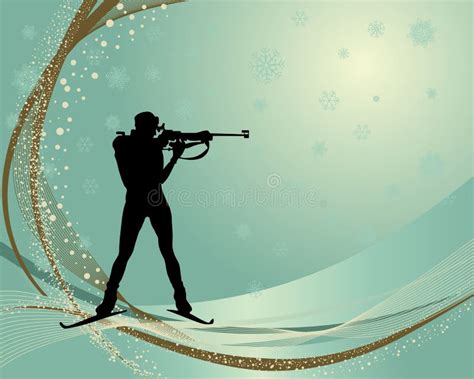 Illustrazione di un atleta di biathlon in azione, con carabina al collo, su uno sfondo innevato.