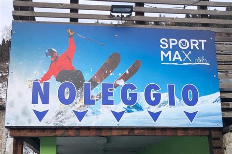Collage fotografico che mostra le facciate dei tre noleggi sci consigliati (Okgo Ski Rent, Celso Sport, Celsino Sport) con i loro indirizzi.