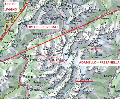 Mappa schematica del Gran Tour dell'Adamello con indicazione dei rifugi