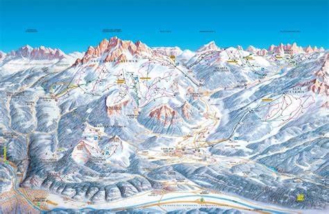 Schema degli impianti sciistici della Val di Fiemme con indicazione delle piste principali e dei collegamenti.