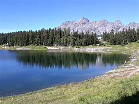 Lago Palù d'inverno, circondato da pini imbiancati e montagne come il Sasso Nero