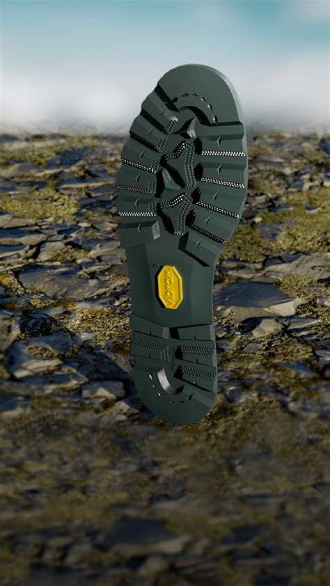 Immagine ravvicinata di una suola Vibram, evidenziando il battistrada e la qualità del materiale.