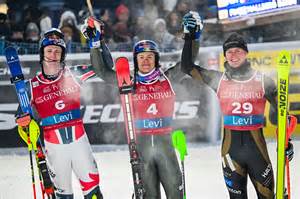 Podio maschile dello slalom di Levi con Lucas Pinheiro Braathen (Brasile), Clement Noel (Francia) ed Eduard Hallberg (Finlandia)