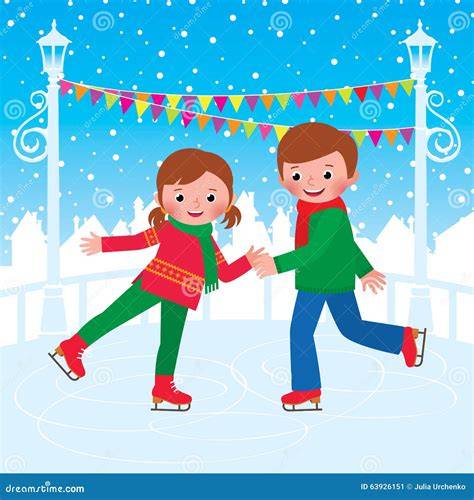 illustrazione di una pista di pattinaggio natalizia con bambini che pattinano