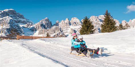 famiglia che scende felice su uno slittino lungo una pista innevata