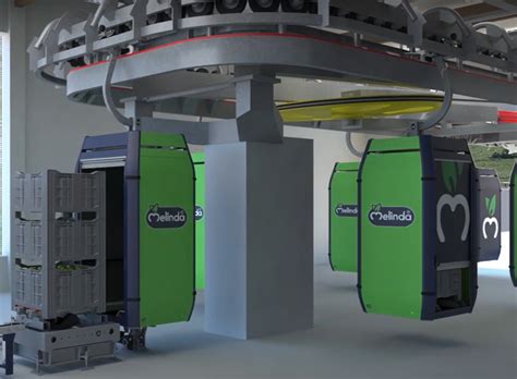 Dettaglio tecnico di una cabina della funivia delle mele con sistema di carico/scarico automatico
