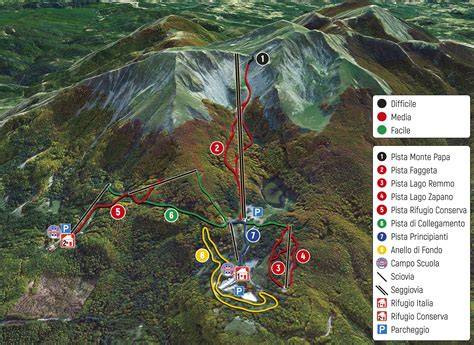 Immagine panoramica del comprensorio sciistico Monte Sirino con piste e impianti di risalita