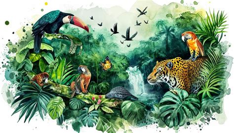 Insieme di illustrazioni naturalistiche di flora e fauna amazzonica.