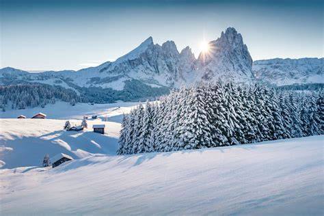 Panoramica invernale dell'Alpe di Siusi con montagne innevate e alberi coperti di neve.