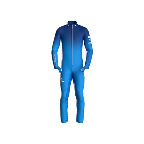 Atleta di sci alpino in azione con una tuta da gara Podhio