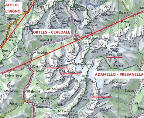 mappa topografica del Gruppo dell'Adamello con evidenziato il Corno Baitone